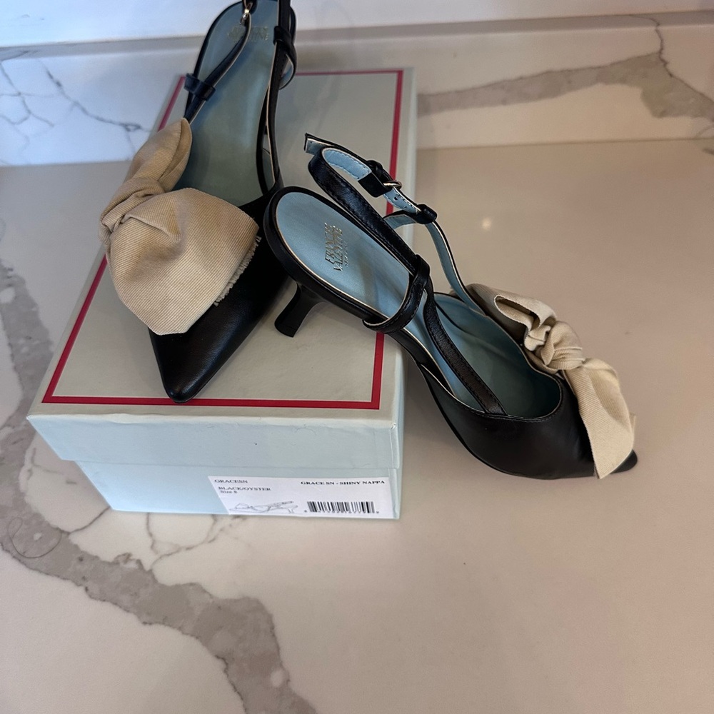 Frances Valentine Grace Sling Back Kitten Heel, W/ Ivory Oyster Bows, Sz 8, NWT